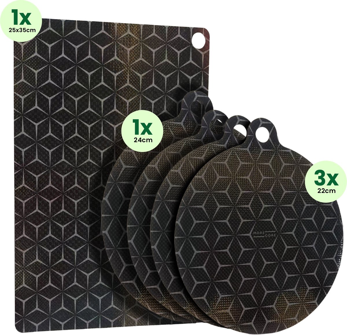 MoreCore Inductie Beschermer - Hittebestendig tot 280 ºC - Inductie Matjes Rond - Panbeschermers - Onderzetters Pannen - Afdekplaat voor Kookplaat - Inductie Mat - Inductiebeschermer - Inductie Afdekplaat - 3x22 + 1x24 + 1x25x35cm