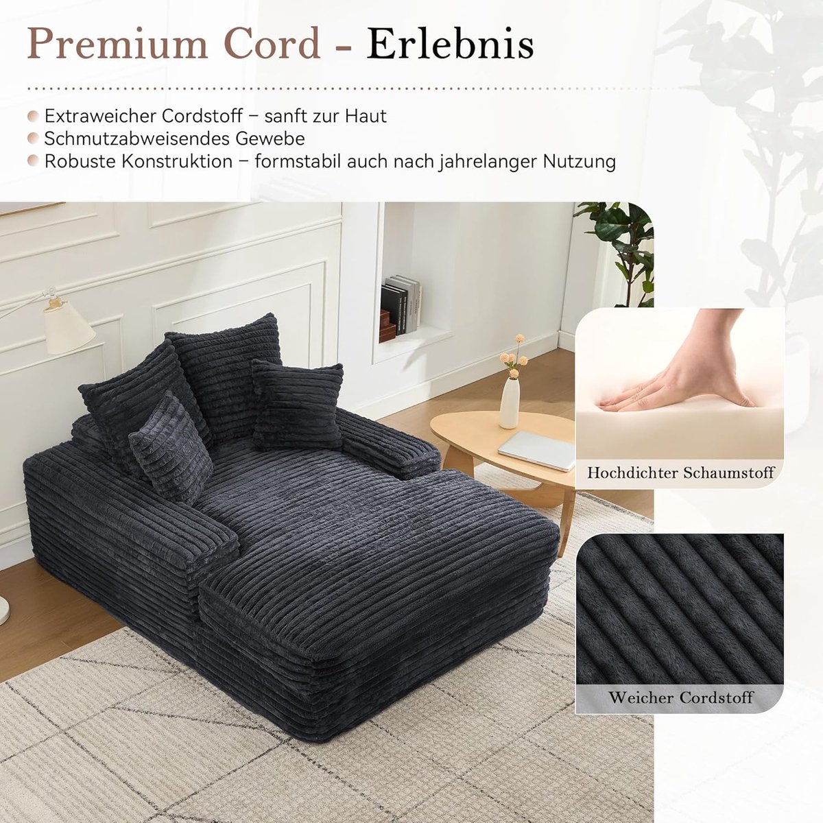 Slaapbank 175x137x63 cm Grijs Corduroy – Opvouwbare 2-in-1 Lazy Sofa & Logeerbed met 4 Kussens, Moderne Loungebank Zonder Montage voor Woonkamer Appartement Studentenkamer – HomebyNicole