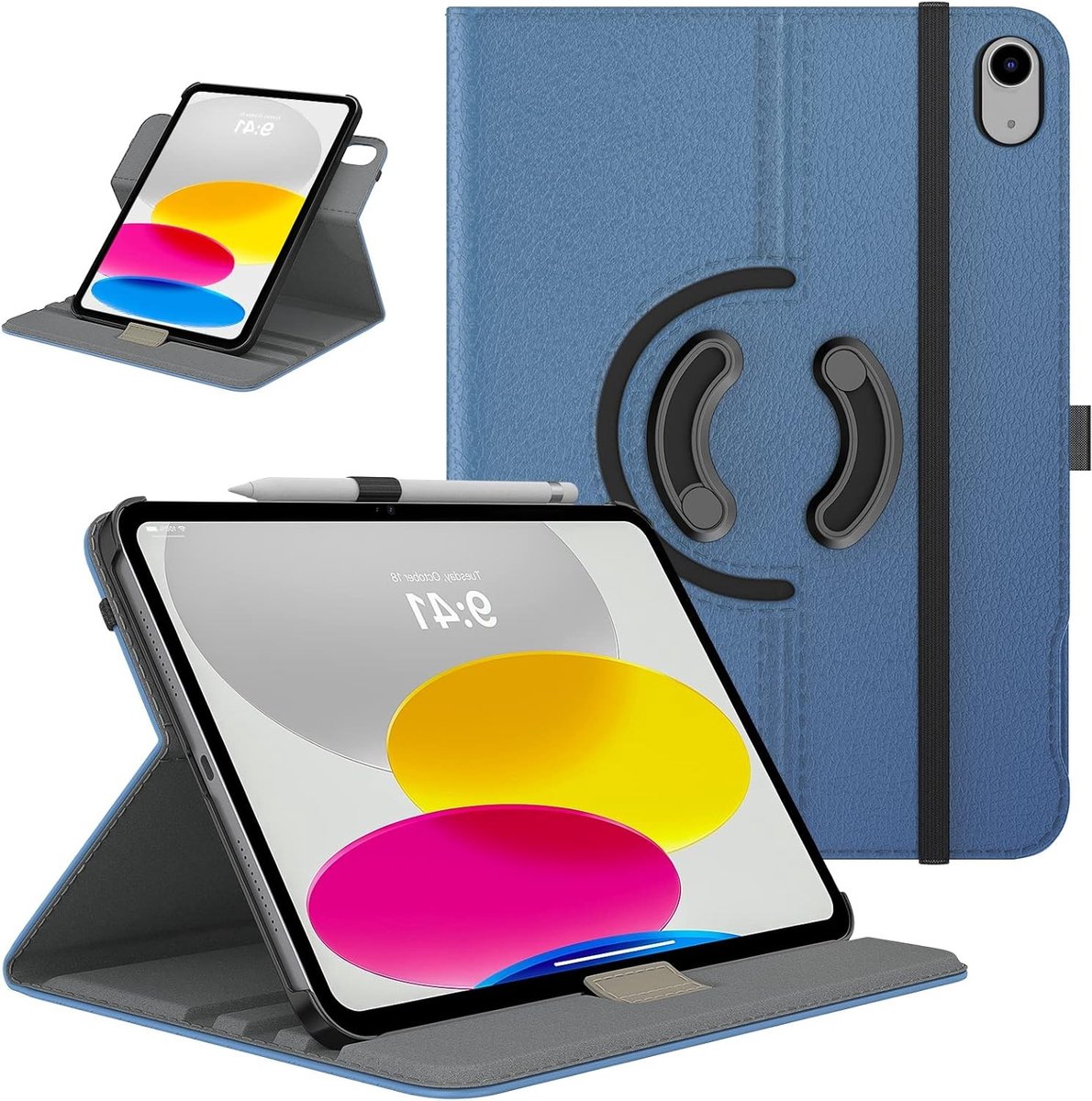 Rotating Hoes voor iPad 10e Generatie 2022, 90 Graden Draaiende Smart Stand, Beschermende Leren Case met Stylus Houder - Denim Blauw