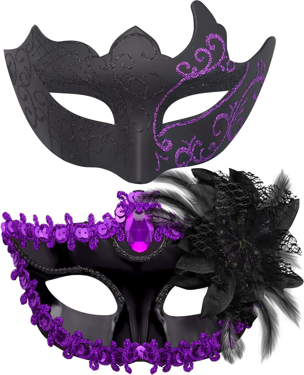 Elegante Venetiaanse Maskers voor Halloween en Feestjes - Zwart en Paars, Versierd met Strass voor Dames en Heren