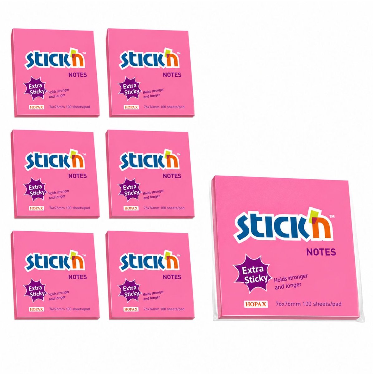 Stick'n 6 grote memoblokken - 101x101mm - extra sticky notes, gelinieerd, magenta, 6x 90 memoblaadjes