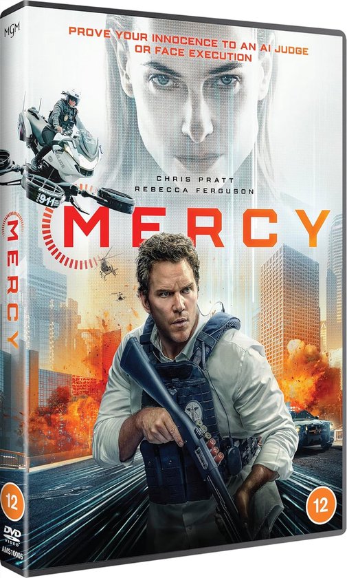 DVD-hoes: Chris Pratt met wapen, AI-vrouw op achtergrond. Titel "MERCY". "PROVE YOUR INNOCENCE TO AN AI JUDGE OR FACE EXECUTION."