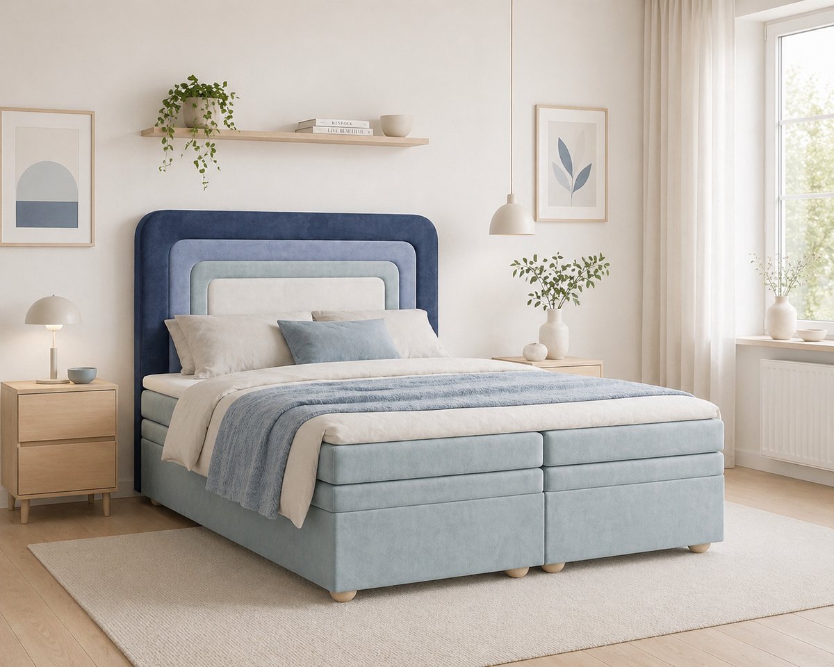 AJE Meubles B.V. Boxspringbed Nest 160x200 Navy – luxe gestoffeerd bed met opbergruimte, hoofdbord en stof Riviera 81, 74, 70, 09