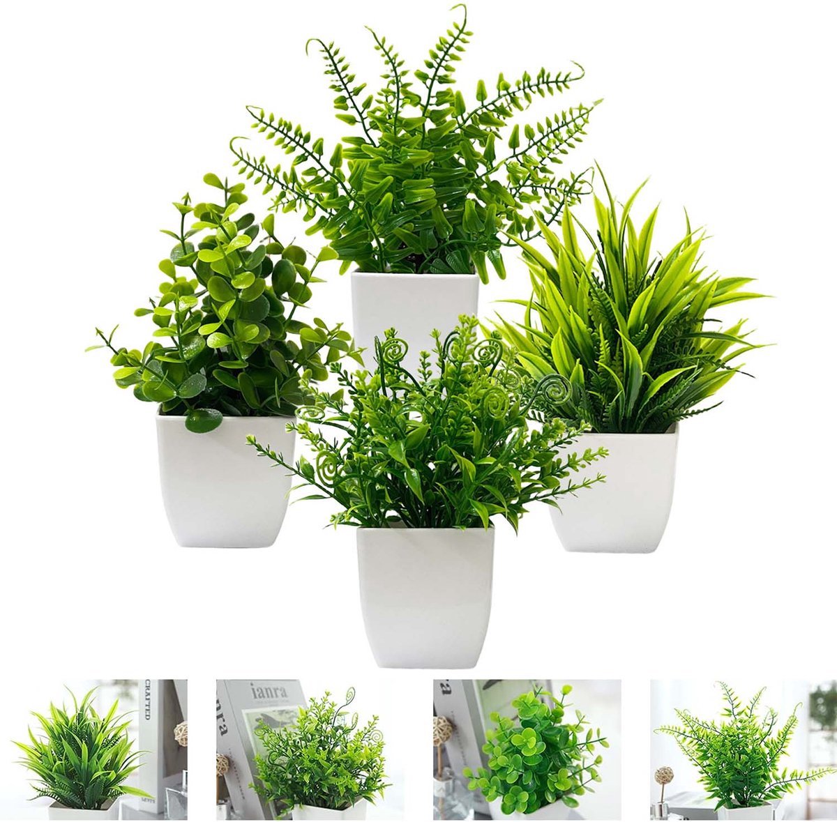 4 Stuks Kunstplanten in Pot – Kunstplanten voor Woondecoratie – Kunstgroen voor op Tafel, Bureau of Badkamerplank
