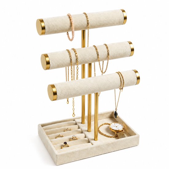 Jaraleesa® Sieradenhouder met 3 niveaus – Sieradenrekje voor Kettingen, Armbanden, Ringen & Horloges – Fluwelen Afwerking – Oorbellenrekje - Goud