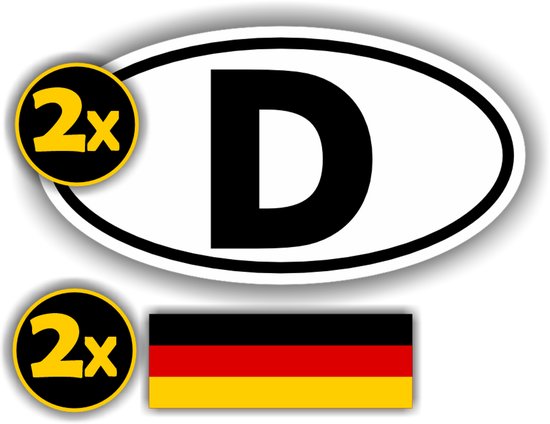 Oval sticker with black 'D', '2x' badges and a German flag.