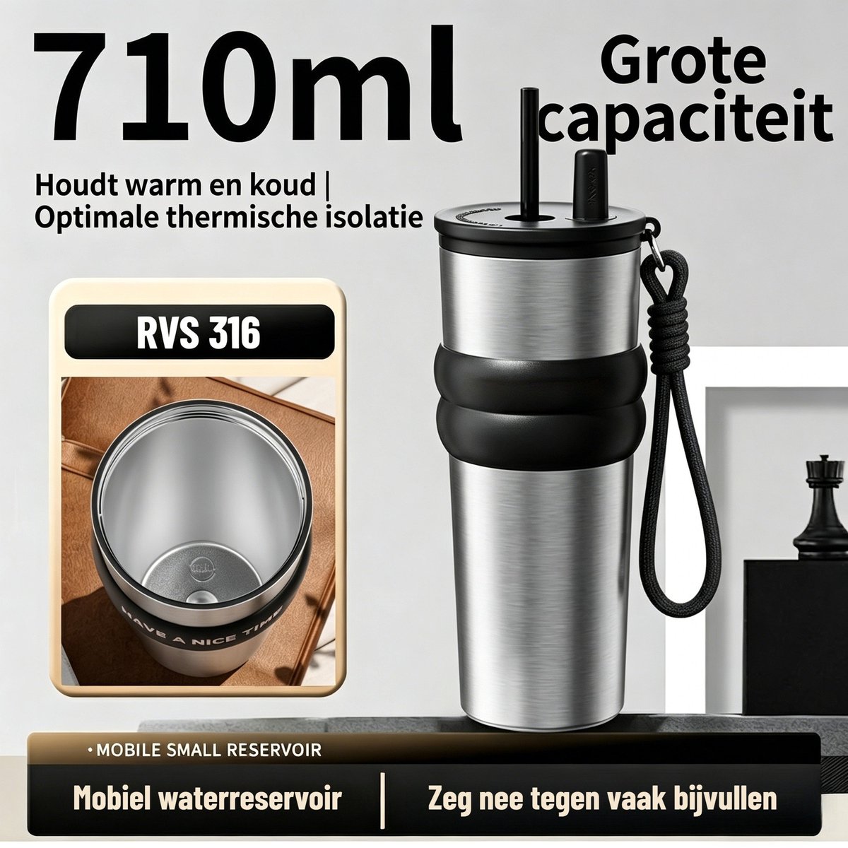RVS Drinkfles met Theefilter & Rietje 710 ML voor volwassenen - Ijskoffie, Thee & Travel Mug - Warm & Koud - Dubbelwandig Geïsoleerd - BPA Vrij - Koffiebeker To Go - Past in Bekerhouder Auto - zilver