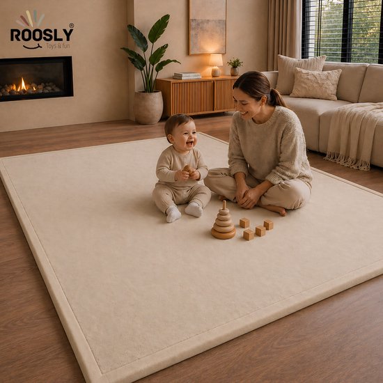 Roosly Speelmat Baby - Fluwelen Speelkleed baby - speeltapijt - kruipmat - playmat - Extra Dik Traagschuim 3 cm - Antislip - Zacht & Veilig - 150 x 200 cm - Sand Beige