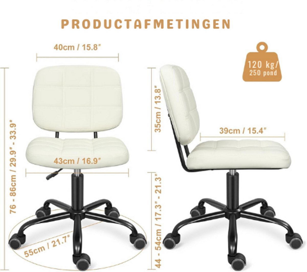 LEADER ACCESSORIES Ergonomische Bureaustoel Zonder Armleuningen - In Hoogte Verstelbaar - 360° Draaibare Wielen - Moderne Compacte Werkstoel Voor Kantoor En Thuiswerk - Wit thumbnail 4
