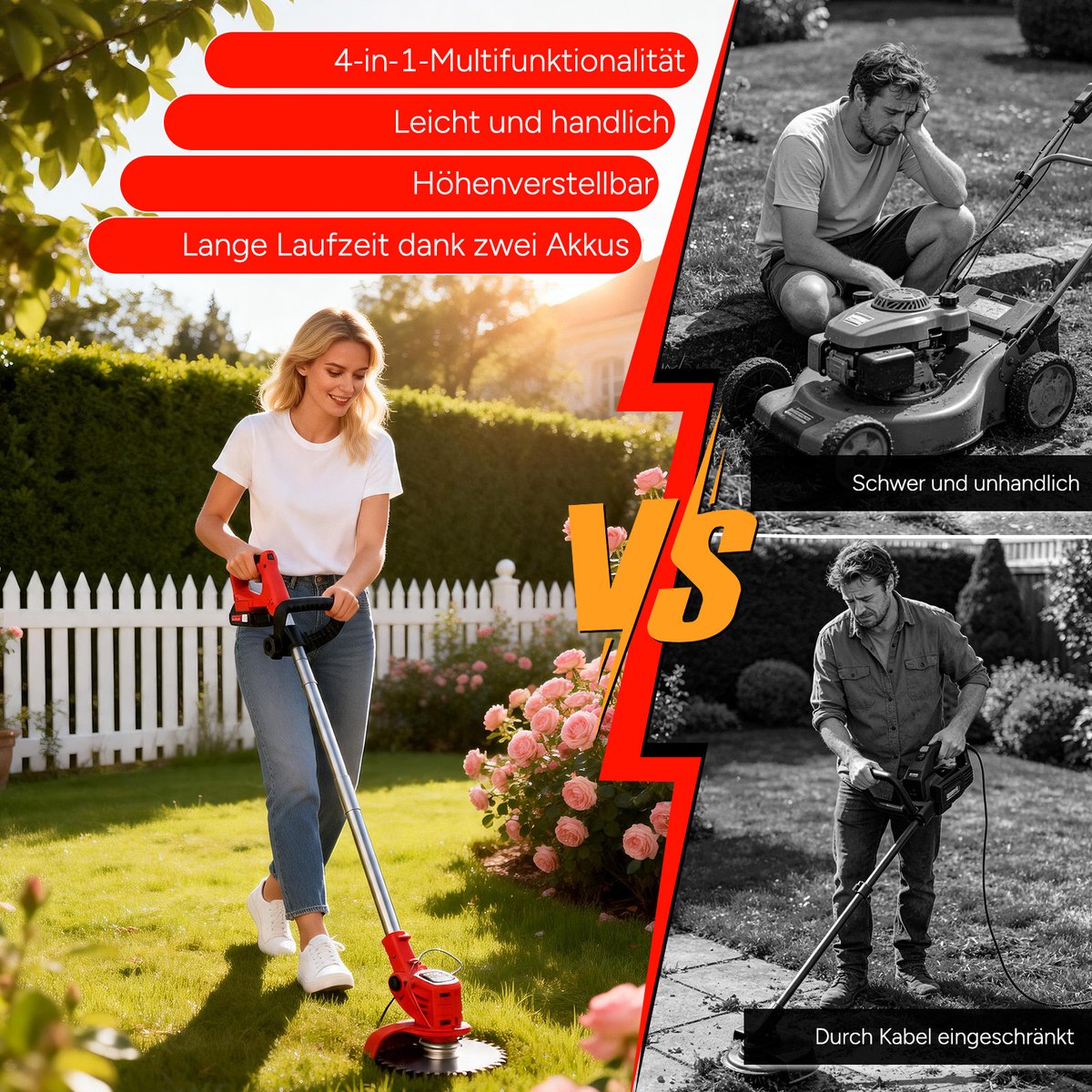 Accu grastrimmer met accu, gazonkantentrimmer met 2 accu's 21V en 4 mestypen + 1 tuinschaar, opvouwbare grasmaaier-Rood – foto 7
