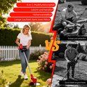Vrouwen gebruiken een rode grastrimmer. Mannen worstelen met een benzine grasmaaier en een snoergrastrimmer.