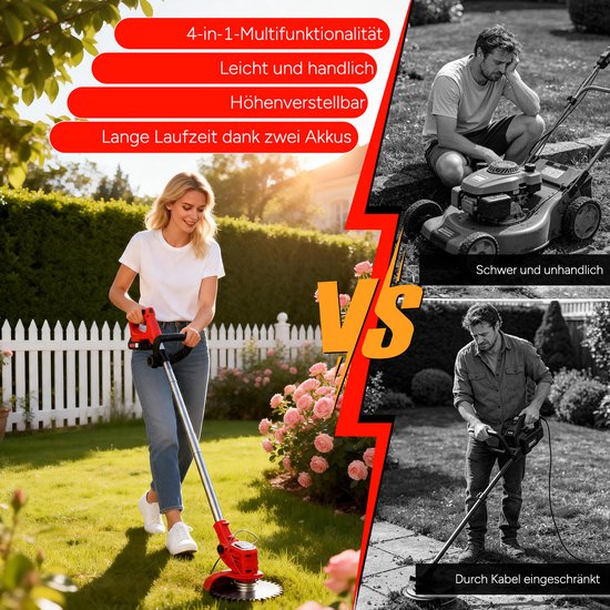 Vrouwen gebruiken een rode grastrimmer. Mannen worstelen met een benzine grasmaaier en een snoergrastrimmer.