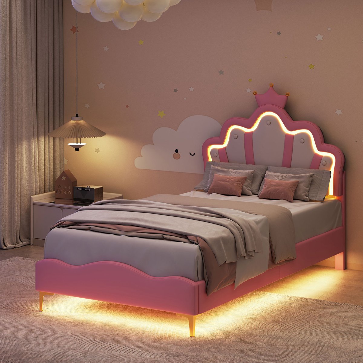 ROSAHQNDA Kinderbed 90x190 cm, met LED-verlichting, prinsessenbed, kroonbed, meisjesbed/kinderbed/eenpersoonsbed, plat bed, PU,Roze