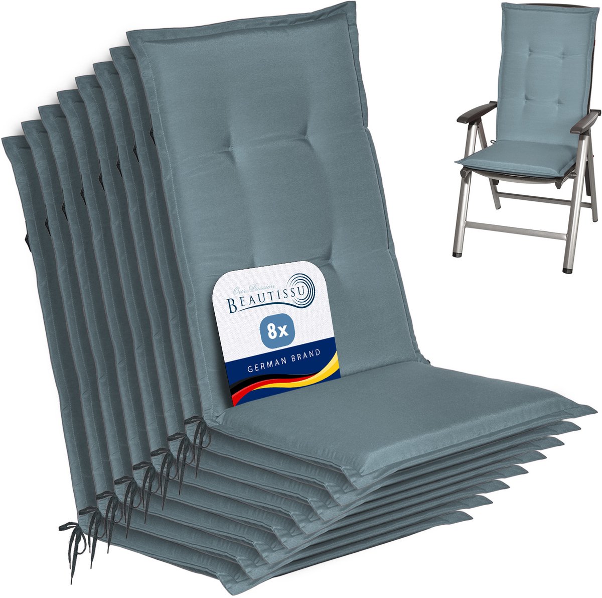 Beautissu Loft HL Stoelkussen Set 8x Hoge Rugleuning 120x50 cm Duifblauw – Tuinstoelkussen UV-bestendig