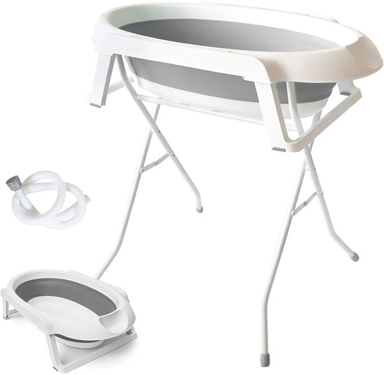 Baby Badset met Badstandaard – Pasgeboren Baby Badkuip met Onderstel – Ergonomische en Veilige Baby Badoplossing – Grijs