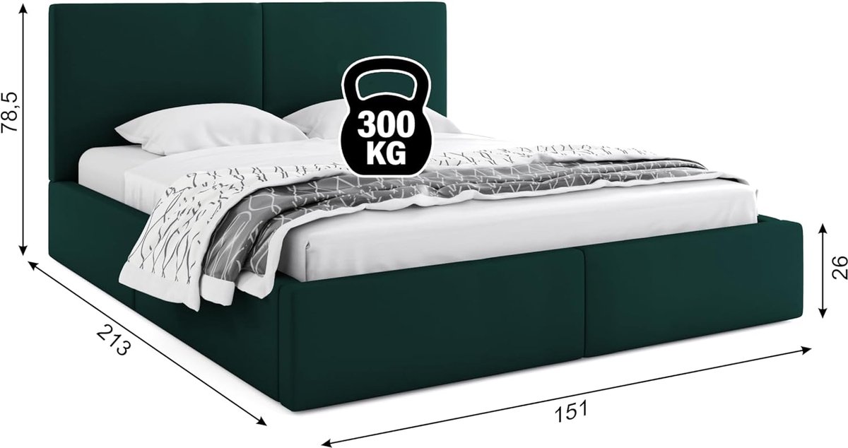 Gestoffeerd Bed 140x200 cm met Opbergruimte, Metalen Lattenbodem & Liftmechanisme – Donkergroen Tweepersoons Bed Frame Modern Design – Hilton Storage Bed Laura
