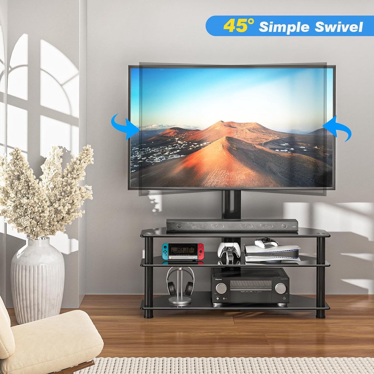 TV Standaard Universeel TV Meubel - Verstelbaar & Draaibaar - Geschikt voor 32-70 Inch - Glazen Planken & Kabelbeheer - TV Standaard Vloerstandaard TV Beugel TV Meubel Zwart