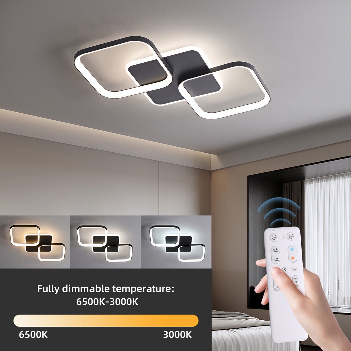 ANTENLICHT - LED Plafondlamp zwart - Plafonniere - Modern - Binnenverlichting-Dimbaar 3 staps - Hal slaapkamer lamp 3000K-6500K - 3.600LM - 40W - Met afstandsbediening