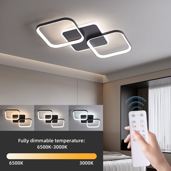 ANTENLIGHT - Plafonnier LED noir - Plafonniere - Moderne - Éclairage intérieur - Dimmable 3 étapes - Lampe chambre hall 3000K-6500K - 3,600LM - 40W - Avec télécommande