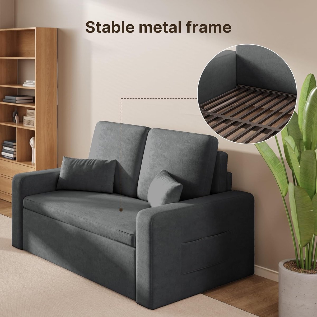 Slaapbank 2-zits met Slaapfunctie 147x196x87 cm – 3-in-1 Uitschuifbare Sofa Bed met Opbergvakken, Velours Donkergrijs – HomebyNicole