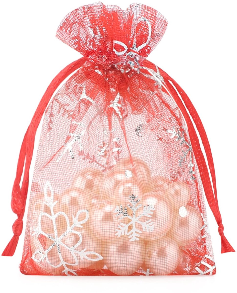 Allecto - Organza Tassen - Kerst Geschenken - Decoratief en Doorzichtig - Rood - Sneeuwvlokken - Perfect voor Cadeaus - 100 Stuks