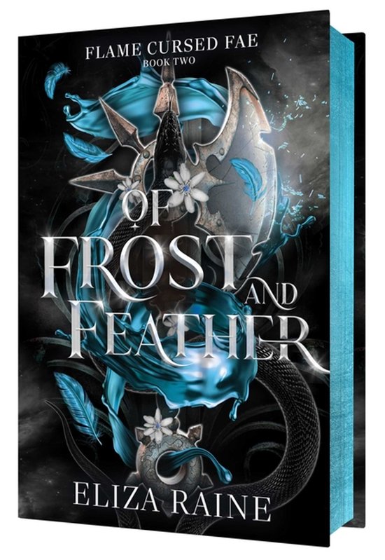 Boekomslag van 'Of Frost and Feather' met een wapen, blauwe veren en stof op een donkere achtergrond.