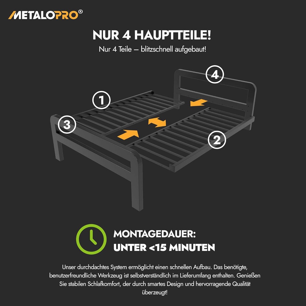 Metalen bedframe 140x200 cm – Ultra sterk tot 1000 kg belastbaar – Piepvrij industrieel stalen bed met lattenbodem – Snelle montage <15 min – 33 cm opbergruimte – Massief premium platformbed – HomeByNicole