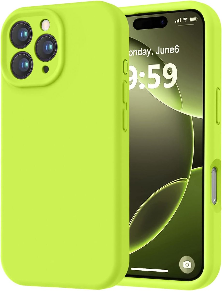 Speciaal ontworpen voor de iPhone 16 Pro. Hoogwaardig siliconen met een zachte, krasbestendige microvezelvoering. Schokbestendige beschermhoes voor mannen, vrouwen en meisjes (6,3 inch). Fluorescerend groen.