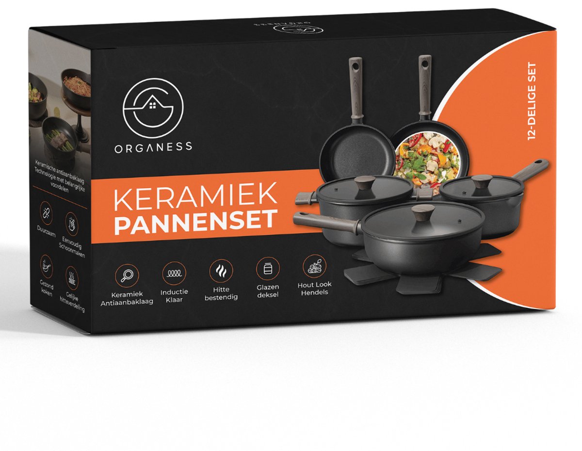 Organess 12-delige Pannenset met Deksels - Set met 6 PFAS-vrije Kookpotten, Koekenpannen & Steelpannen - Koekenpannenset - Kookpottenset - Inductie - Aluminium - Zwart