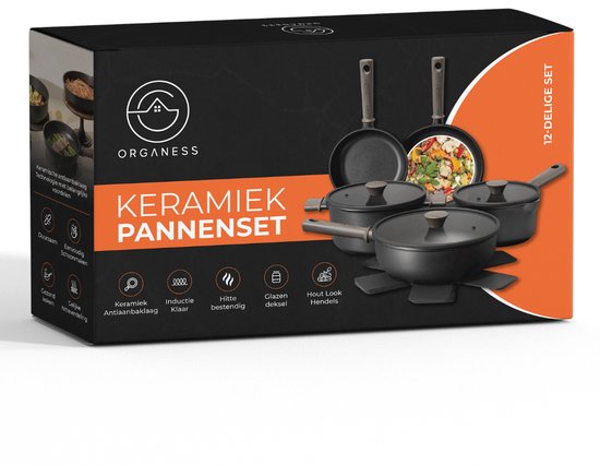 Doos van Organess 12-delige pannenset met afbeeldingen van kookgerei en garnalen met groenten.