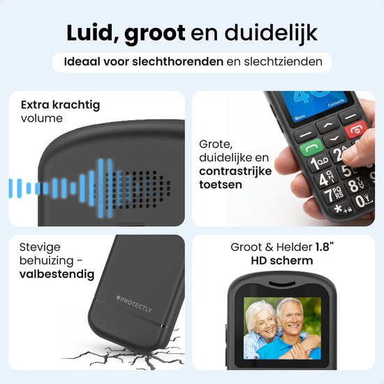 Zwarte seniorentelefoon met luidspreker, grote knoppen en een 1.8" HD-scherm. Robuuste behuizing.