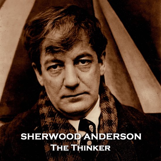 Sepiatonenkopshot van Sherwood Anderson, de denker. Hij draagt een sjaal en een pak.
