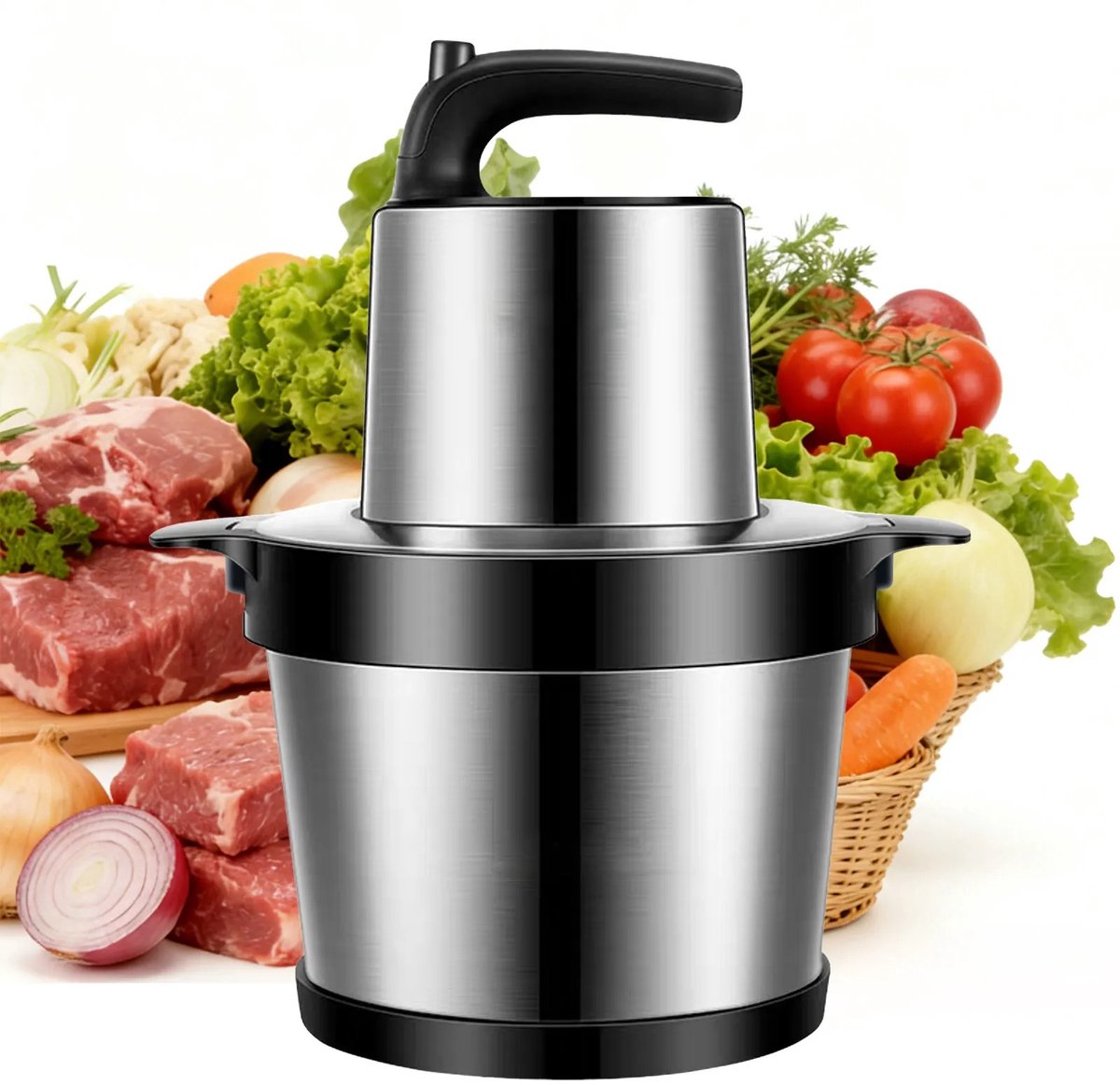 DIMICO - Vleesmolen Elektrische - RVS Keuken Hakmolen - Food Chopper - 1000W - Groentesnijder - Groentehakker - 6L - 2 Snelheden - 4 Messen