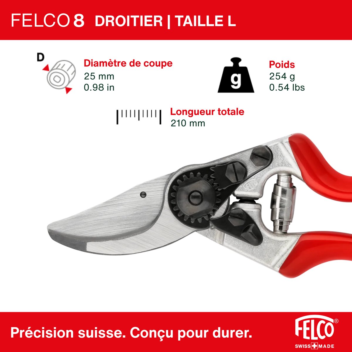 Felco 8 Sécateur - Pour grandes mains - Diamètre de coupe max. 25 mm