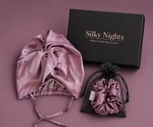 Silky Nights® Zijden Slaapmuts + Scrunchie Set 100% Moerbei Zijde 19 Momme – Dubbelzijdige Verstelbare Bonnet – Anti Pluis & Haarbreuk – Beschermt Krullen & Haar – Nachtmuts – Mauve – Unisex
