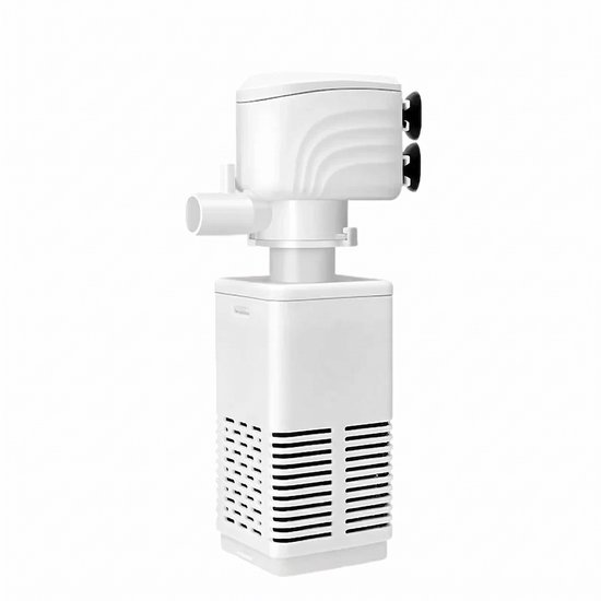 Wit 3-in-1 aquariumfilter met rooster aan de onderkant en zuignappen aan de zijkant.