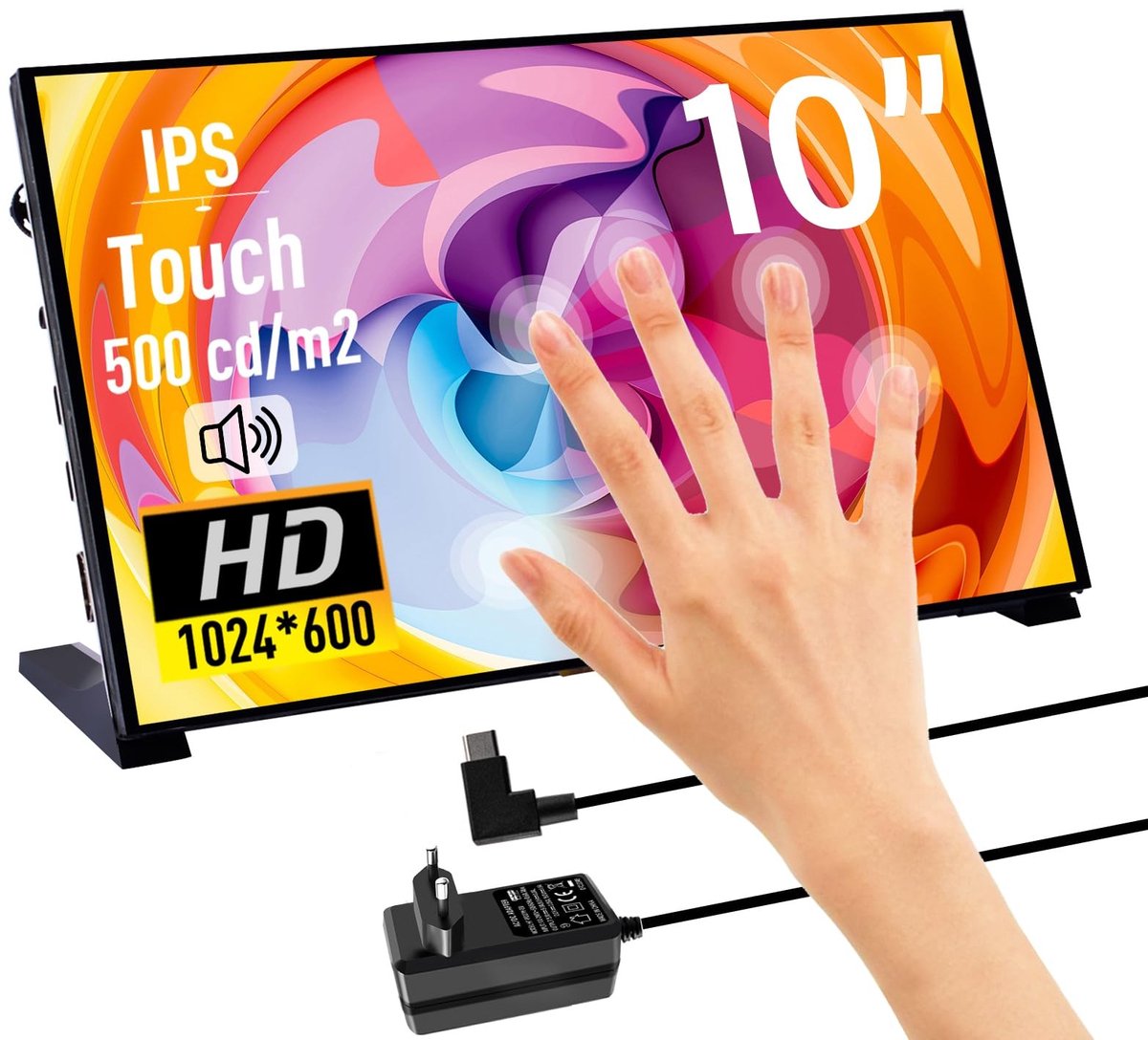Allecto - 10,1 inch touchscreen - Capacitatief - Draagbaar - HDMI-monitor - Geschikt voor Raspberry Pi - 1024x600 LCD-scherm