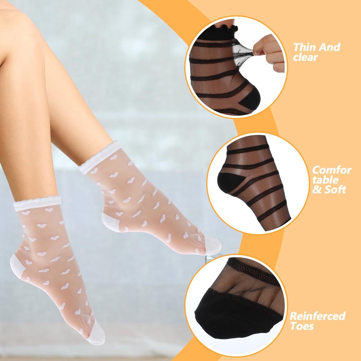 Allecto - Transparante Sokken met Ruches - Modieuze Nylon Kousen - Wit en Zwart - Fijne Kousen voor Dames - Geschikt voor Sandalen en Pumps
