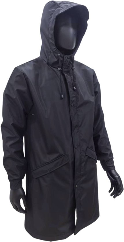 Zwarte unisex regenjas met capuchon, gepresenteerd op een paspop met zwarte handschoenen.