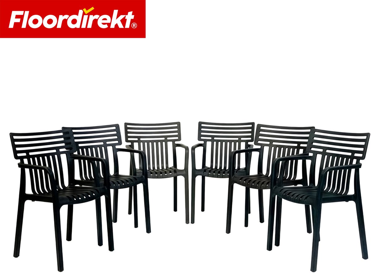 Floordirekt Tuinstoel Terrano - Stapelbare Designstoel Weerbestendig & UV-Bestendig - 6 Stuk - Zwart - Ideaal Voor Tuin, Balkon & Terras - Modern, Stevig & Onderhoudsvriendelijk - Comfortabele Outdoor Stoel Voor Elke Buitenruimte