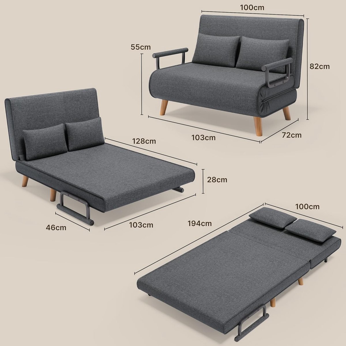 Slaapbank 2-Persoons met Slaapfunctie 194 x 100 cm – Verstelbare Rugleuning (6-standen), Opklapbare Slaapstoel & Fauteuil Bed, Ruimtebesparend Logeerbed voor Kleine Appartementen, Donkergrijs – HomebyNicole