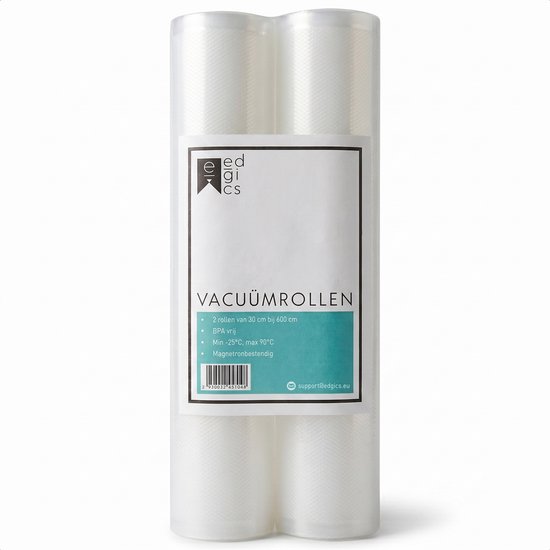Deux rouleaux de sacs sous vide de 30 cm sur 600 cm, sans BPA, min -25°C, max 90°C, compatibles micro-ondes.