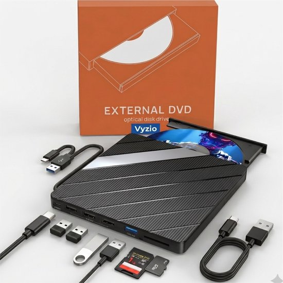 Vyzio - Externe DVD Speler & Brander - USB 3.0 & USB-C Hub - Externe CD Speler voor Laptop, Mac & Windows - Inclusief Kaartlezer & USB-Poorten - Plug & Play - Zwart - LAPDISC van Vyzio — afbeelding 5