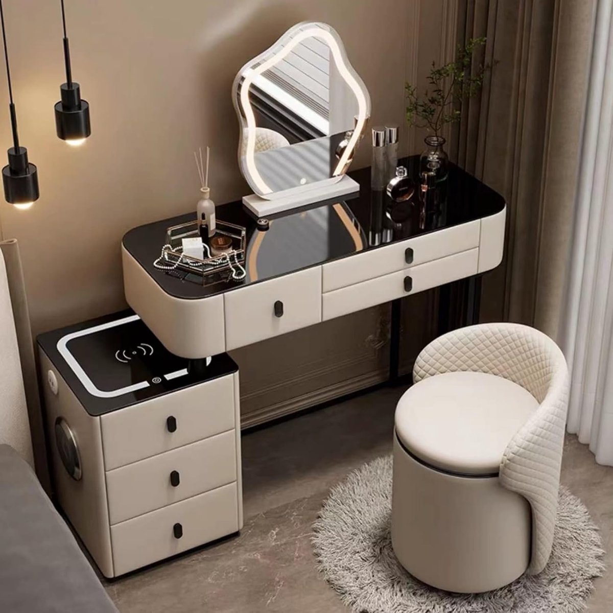 Luxe Kaptafel met LED Touch Spiegel 100 cm – Make-up Tafel met 3 Lades, Opbergkast & Oplaadstation, 3 Lichtstanden (Warm, Natuurlijk, Wit) – Beige Houten Dressing Table voor Slaapkamer