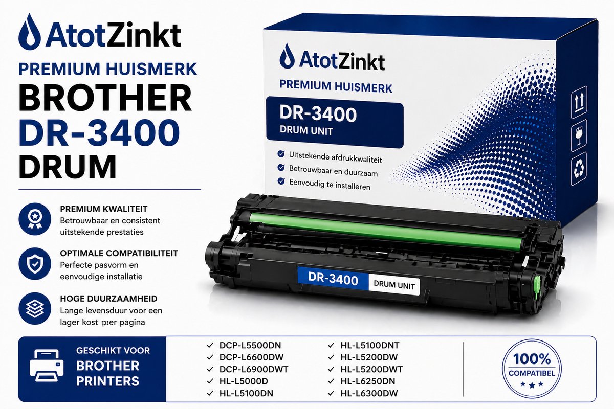 Atotzinkt premium huismwrk Brother DR-3400 Drum voor Brother DCP-L5500DN Brother DCP-L6600DW Brother DCP-L6900DWT Brother HL-L5000D Brother HL-L5100DN Brother HL-L5100DNT Brother HL-L5200DW Brother HL-L5200DWT Brother HL-L6250DN Brother HL-L6300DW