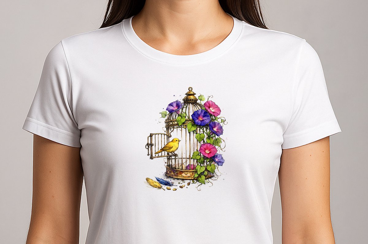 Vogelkooi met Bloemen - T Shirt - cute - kawaii - Gift - Cadeau - schattig - schattigdesign - liefdesign - pastelkunst