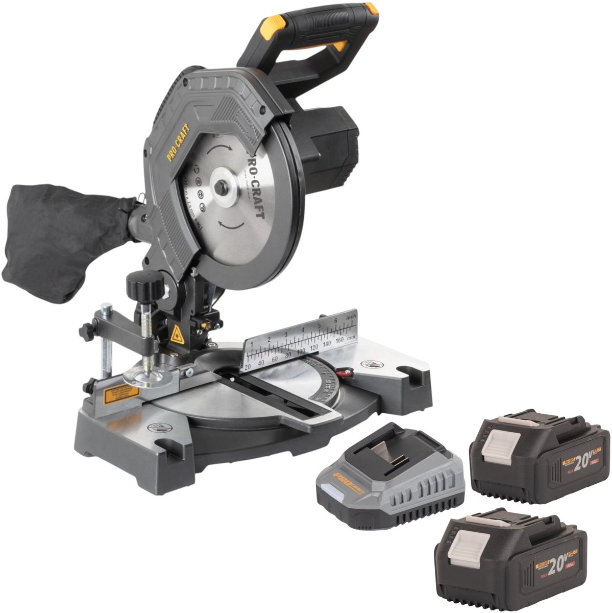 Procraft PGS20bb accu-afkortzaag 20 V 210 mm borstelloos + 2x accu 4,0 Ah + oplader