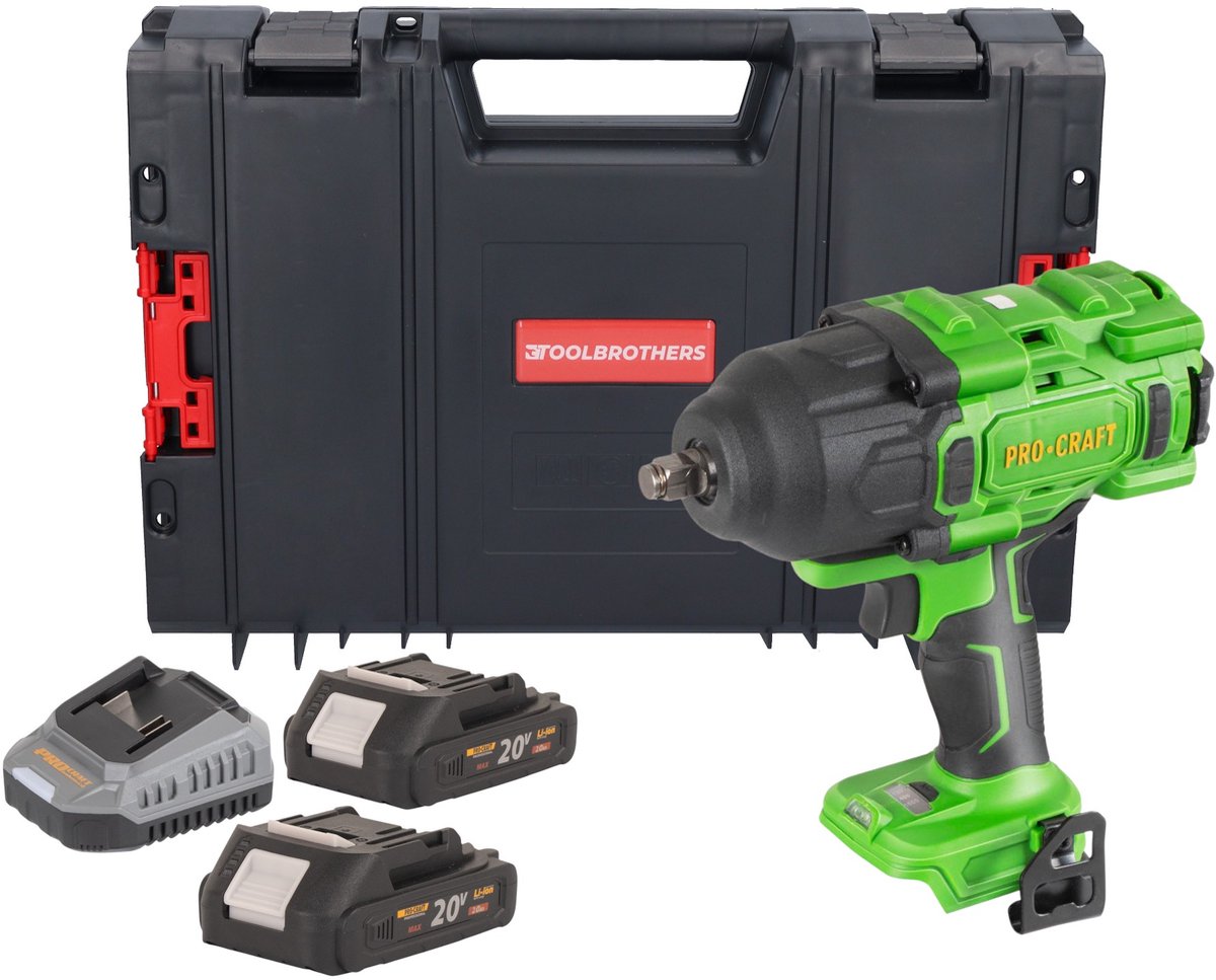 Procraft PWA80bb accu-slagmoersleutel 20 V 1600 Nm 1/2" borstelloos + 2x accu 2,0 Ah + oplader + RHINO-gereedschapskoffer
