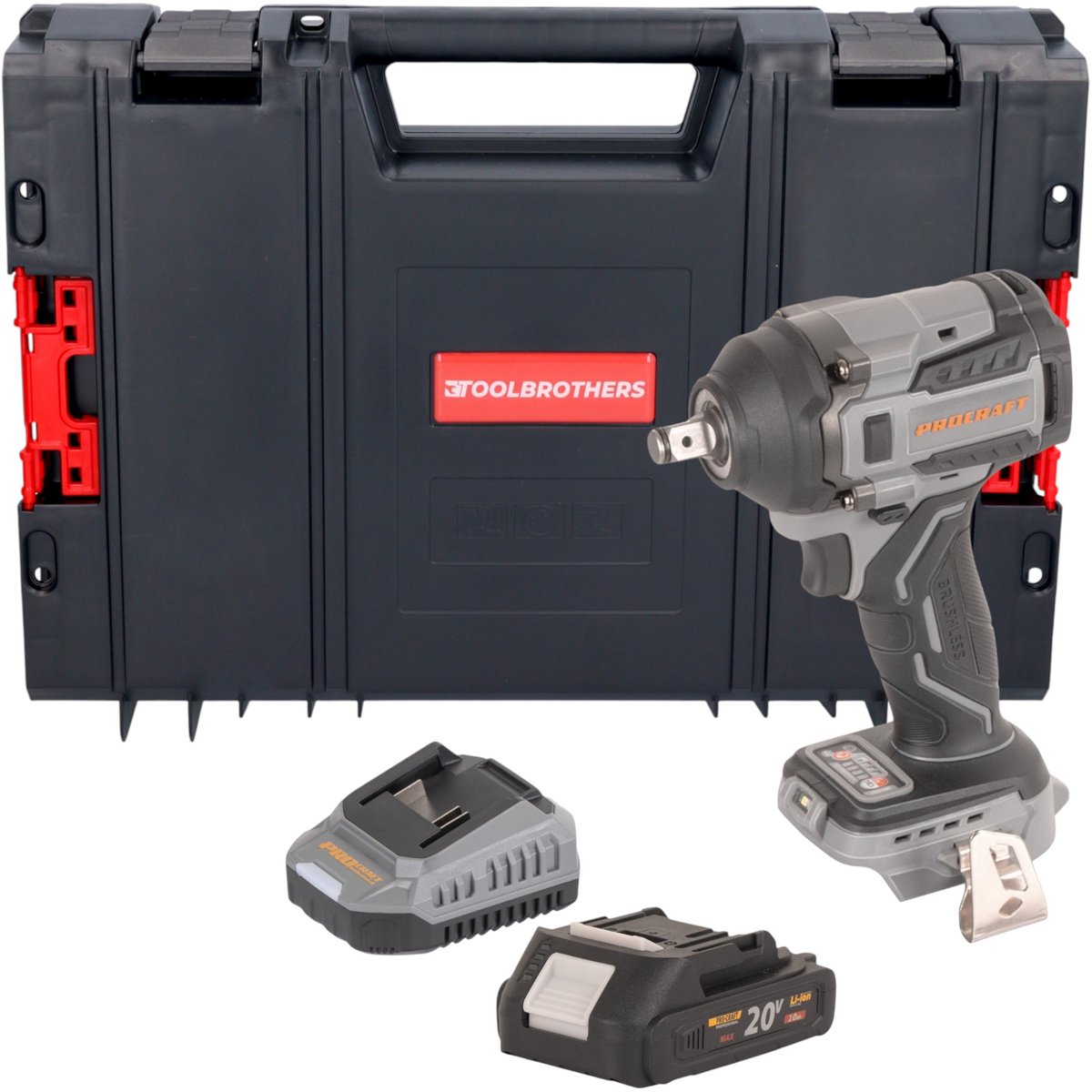 Procraft Industrial IW550Abb accu-slagmoersleutel 20 V 550 Nm 1/2" + 1x accu 2,0 Ah + oplader + RHINO-gereedschapskoffer