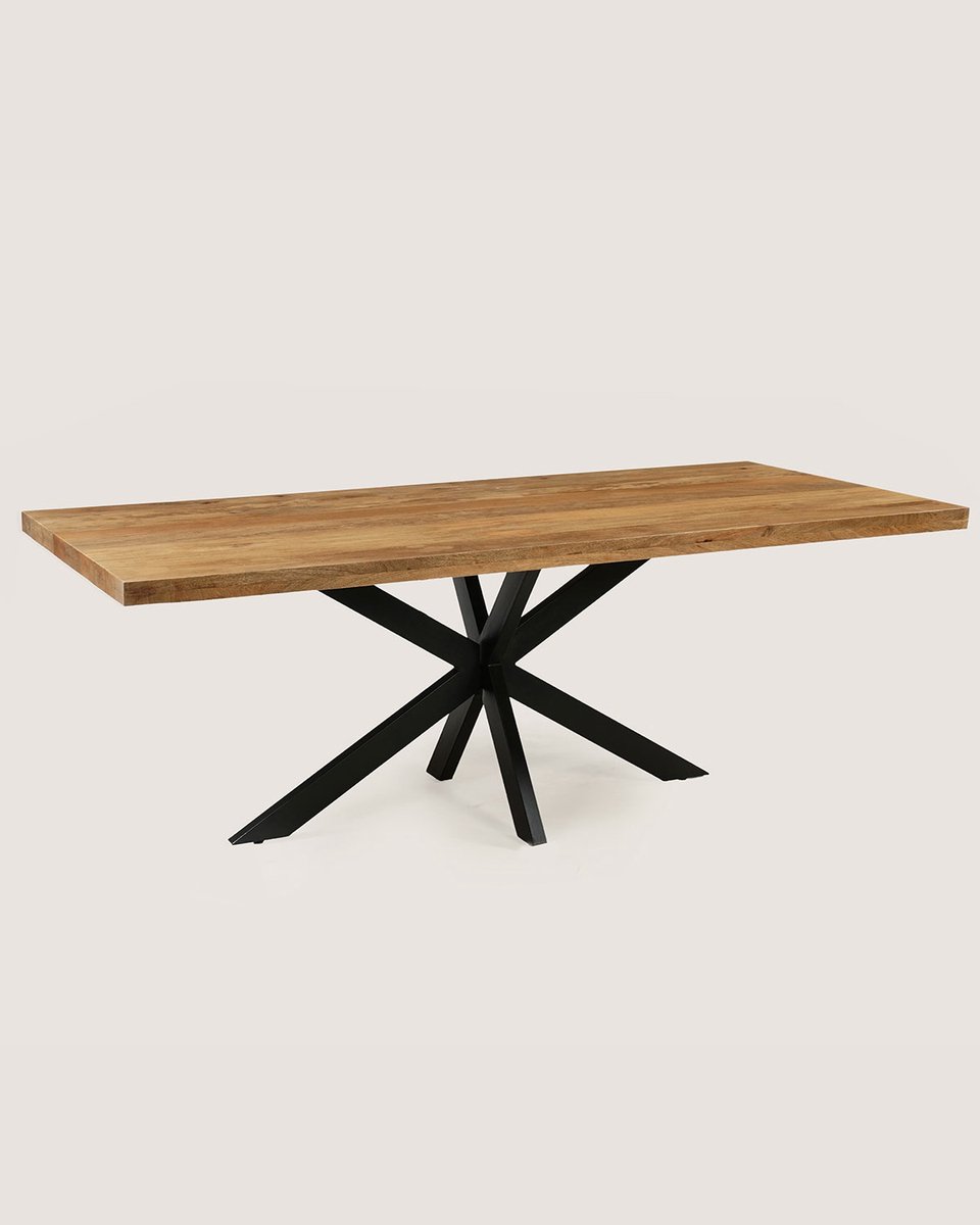 Rechthoekige Eettafel 200 cm Mangohout – Zwart Metalen Matrix Onderstel – Industrieel – 8 Personen